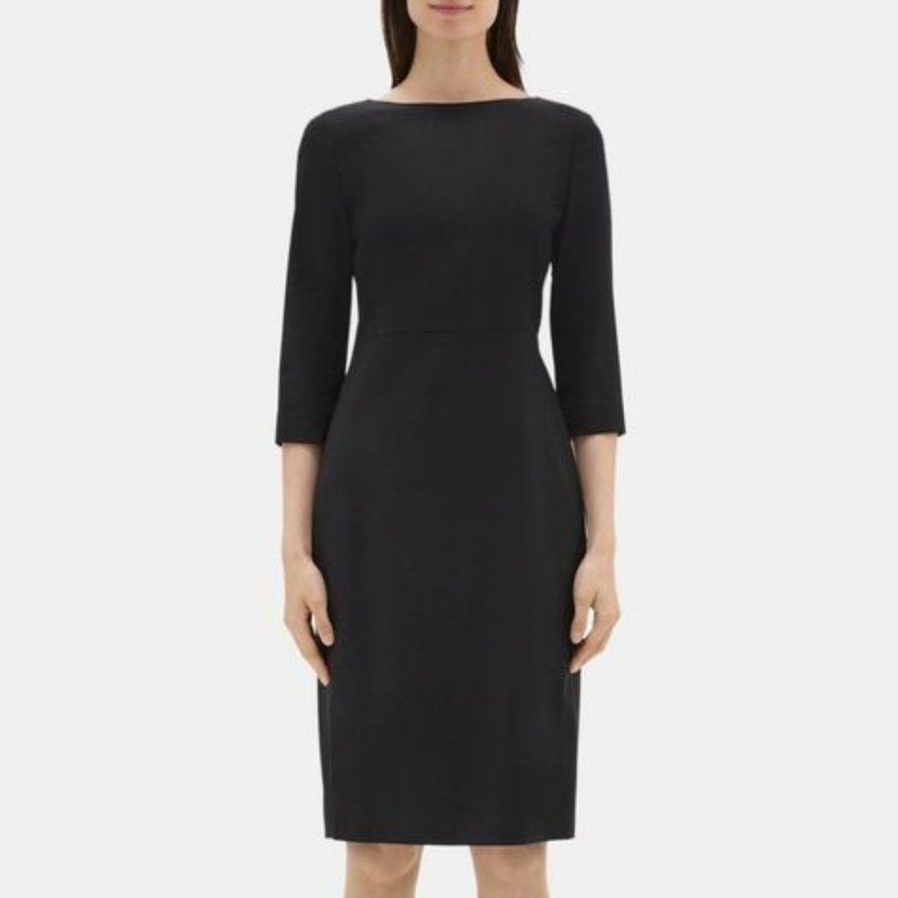 Theory Long-Sleeve Sheath Black Dress In Sevona Stretch Wool Size 2